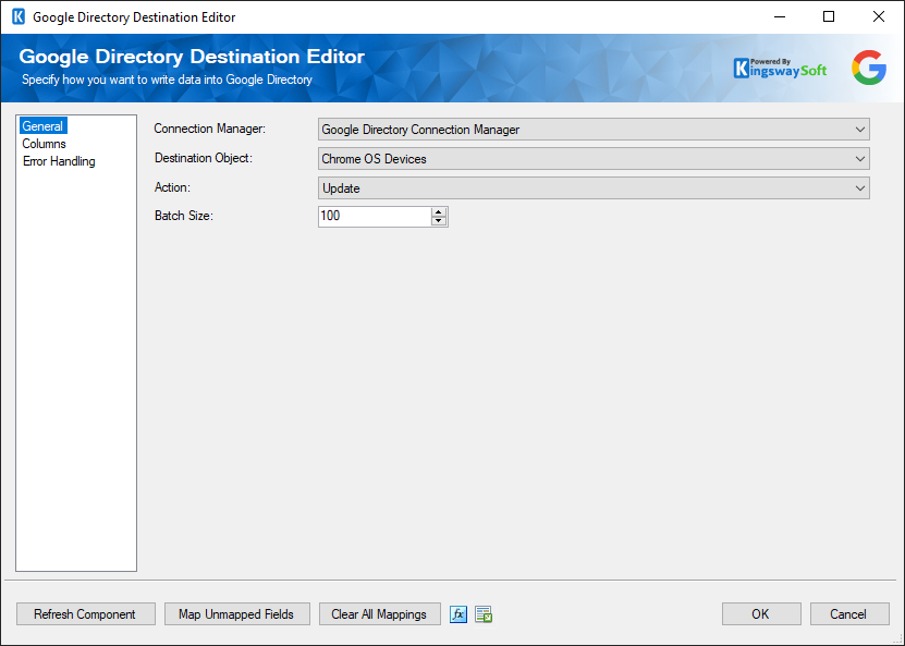 Google Directory Destination component - General